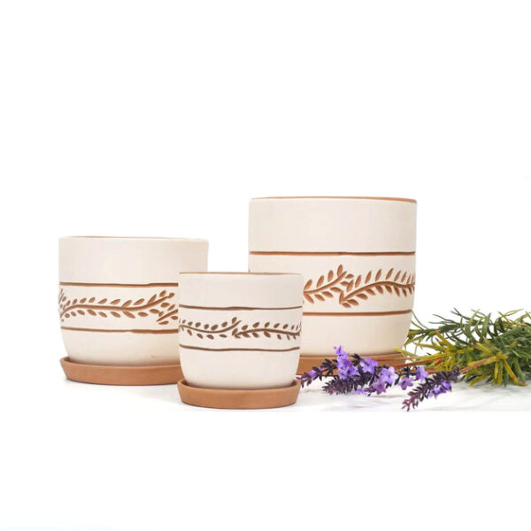 White Clay Horizontal Leaf Pattern Pot - Image 7