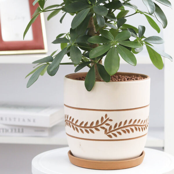 White Clay Horizontal Leaf Pattern Pot - Image 6