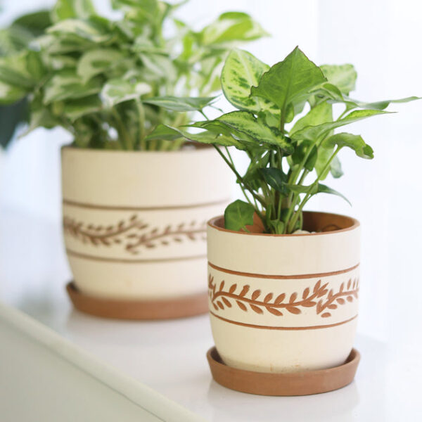 White Clay Horizontal Leaf Pattern Pot - Image 4